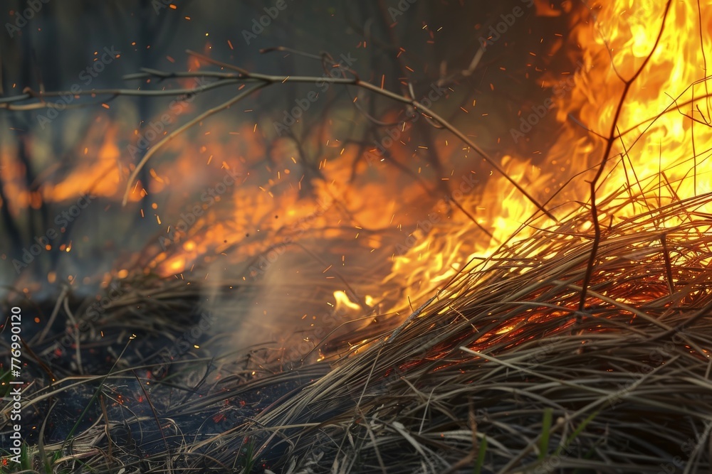Close-up of wildfire spreading in natural area