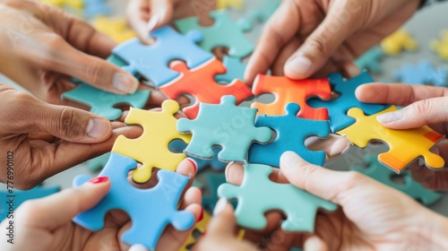 Hands holding puzzle pieces coming together, symbolizing teamwork and problem-solving.