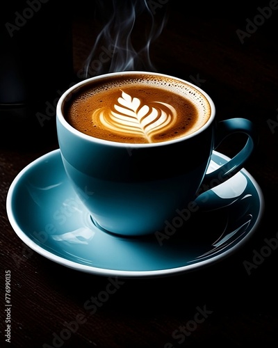 cup of coffee with latte art on black background