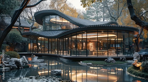 An S-shaped curved glass building with black metal tiles on top and roof elements in the style of Chinese style. In the park. Generative AI. photo