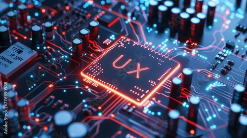 A close-up view of a sophisticated microchip circuit board with the acronym UX prominently displayed, symbolizing the integration of user experience design in modern technology.