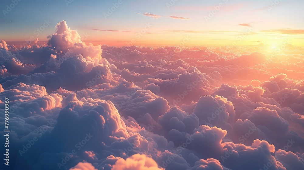 Sea of clouds at dusk, overhead, warm colors. Generative AI.