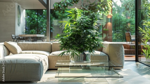 Cannabis culture's essence in minimalist living space with green plant accents. Connect with nature in a spacious room that captures the essence of cannabis culture through minimalist design.