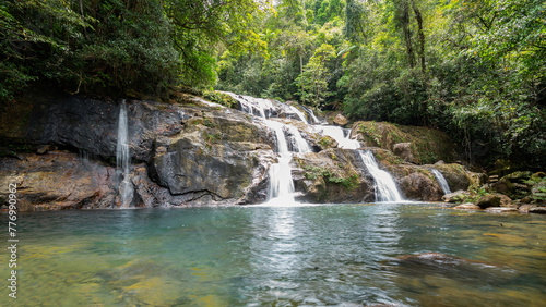 waterfalls in deep forest at Srinakarin National Park ,A beautiful stream water famous rainforest waterfall in Thailand	