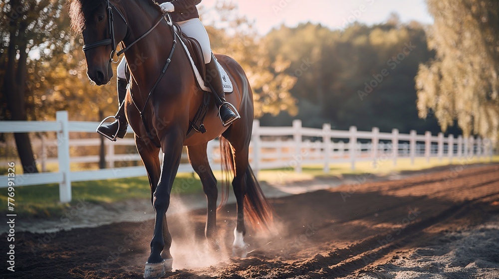 Obraz premium Interacting with animals improves people's mental health. A horse with a rider in a corral runs along a white fence