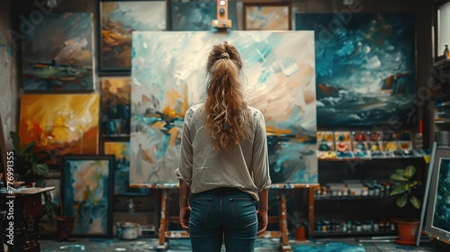 An artist stands in an open studio, holding a paintbrush and facing an unfinished painting. Generative AI.