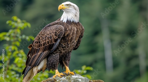 A bald eagle is sitting on top of a tree stump