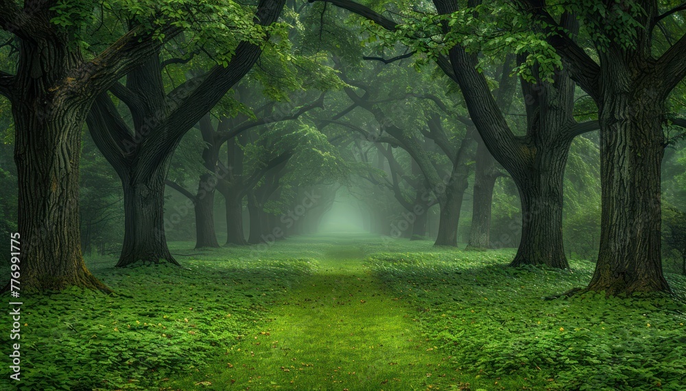 Fototapeta premium A dense forest with numerous green trees covering the landscape