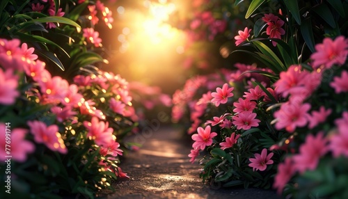 Pink flowers in bloom lined up along a path