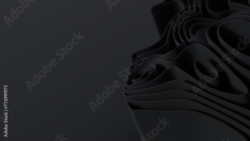 Black 3D Ribbons arranged to create a Dark abstract wallpaper. 3D Render with copy-space.  photo