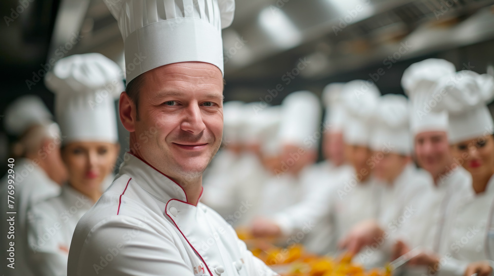 Portrait of a chef standing with his team, all in sharp focus, in the background of a commercial restaurant kitchen