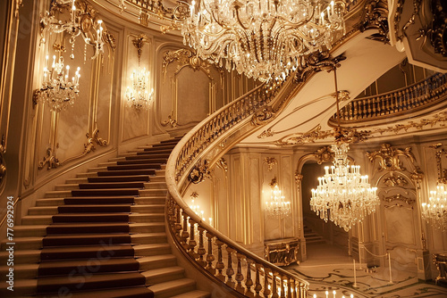 : A staircase with crystal chandeliers hanging from the ceiling © jerry