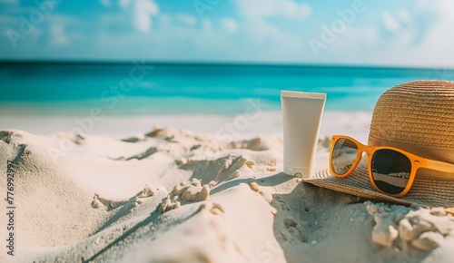 banner with copy space with the concept of relaxing on the beach tanning and protecting skin from ultraviolet sun rays. hat, sunglasses and a white tube of cream lie on a white sandy beach