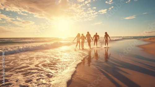 a group of friends is running and having fun on a sunny day along the seashore. group of people happy to see the sea on vacation and enjoy the sun's rays at sunset time