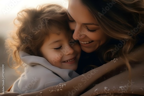Soft light captures a mother and child in a close, peaceful embrace, snowflakes visible on their clothing.