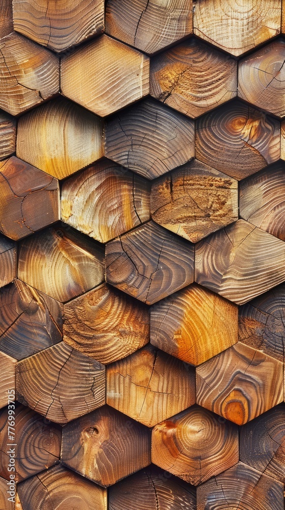 Obraz premium Detailed view of a wooden wall featuring cubes arranged in a fish scale pattern. Background, wallpaper.