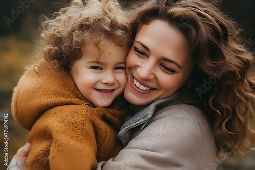 Joyful mother and child share a laugh in an affectionate hug, wrapped in a cozy jacket.