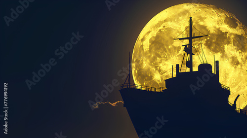 A large ship is silhouetted against a bright yellow moon. The ship is surrounded by a dark blue sky