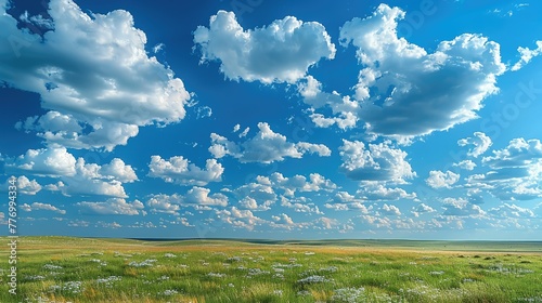 Beautiful blue sky with white clouds over the grassland. Generative AI.