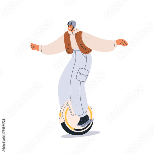Man riding electric mono wheel, balancing on unicycle. Happy person driving eco-friendly urban transport. Modern guy on mobile monowheel. Flat vector illustration isolated on white background.