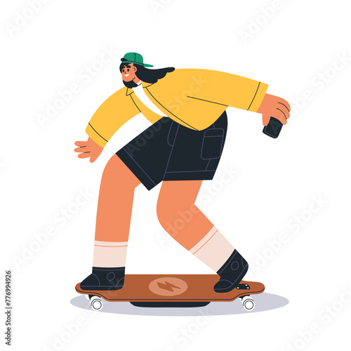 Woman riding electric longboard. Happy girl on electro skateboard, eco-friend...