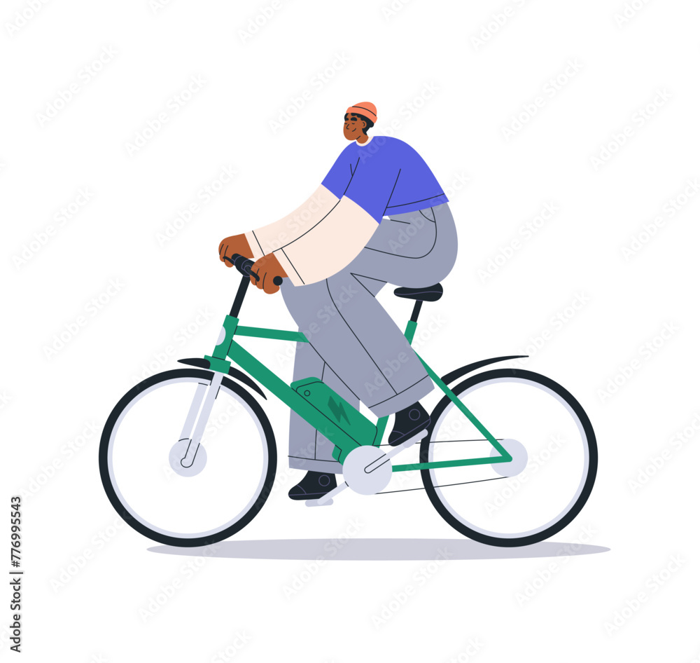 Fototapeta premium Happy black man cycling, enjoying bicycle travel. Person riding bike, eco-friendly green transport. Young smiling guy cyclist, side view. Flat vector illustration isolated on white background.
