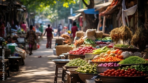 A street market with colorful stalls, products, and people