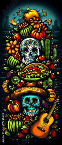 Traditional Mexican symbols  chili  sugar skull  taco and others. Illustrations for posters  banners  prints in honor of Mexican holidays