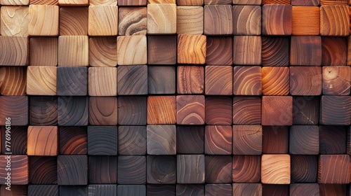 A wall made of wooden planks forming square cubes arranged in a gradient pattern. Background  wallpaper.