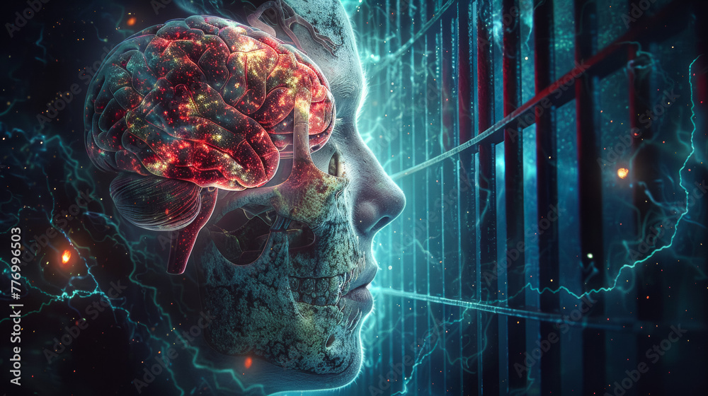 a person being free of his mind, that the head shows that he is in a prison and that his brain is being freed, epic, headshot - obrazy, fototapety, plakaty 