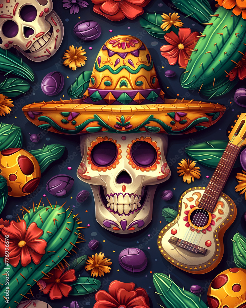 Traditional Mexican symbols: chili, sugar skull, taco and others. Illustrations for posters, banners, prints in honor of Mexican holidays