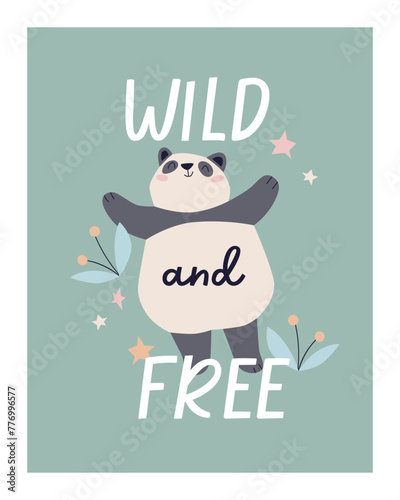 Cute panda, card design in Scandinavian style. Adorable wild animal, vertical...