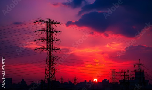 Silhouette of High voltage electric tower on sunset time background. generative AI