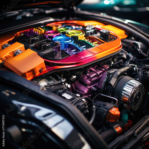 Close-up shot of a modified engine bay with vibrant colors, showcasing power and efficiency enhancements