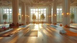 A spacious yoga studio with mirrors on the walls, wooden floors and bright lights from large windows. Generative AI.