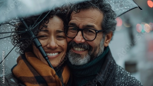 Middle-aged couple smiling happily while using an umbrella in the rain