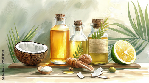 Natural hair treatment methods and ingredients that are commonly used to treat dandruff, such as tea tree oil, coconut oil and apple cider vinegar photo