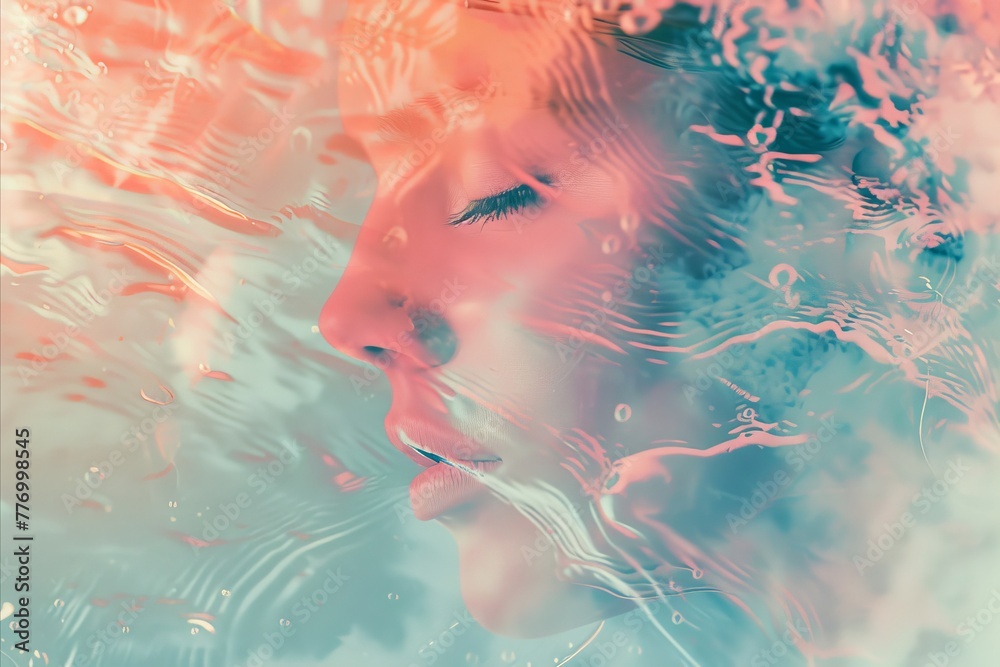 woman face portrait with double exposure style, sea background, summer vibe, meditative, quiet peace theme concept
