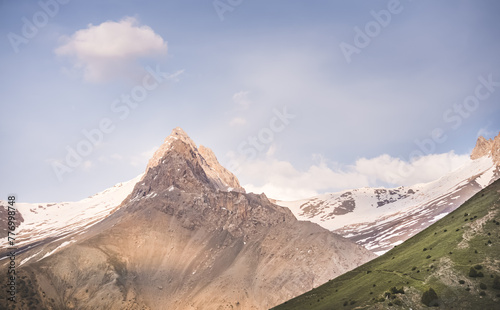 Rocky mountains with glaciers and snow in the Fan Mountains in Tajikistan, Tien Shan highlands