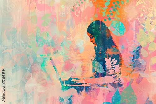 abstract background illustration with woman using laptop, summer vibes in digital art style