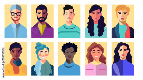 retrato de medio cuerpo de grupo de personal multiracial. Conjunto Vector de personas multicultural. Avatar de personas masculino y femenino.
