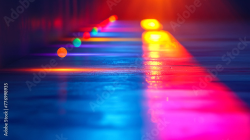 close-up image showcasing a creative and minimal indoor space. The scene includes playful interactions with colorful lights. These lights cast vibrant, multicolored hues across the simple, elegant roo photo