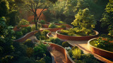 Illustration Rooftop garden design Corridors and stairs with views stretch out in an endless loop. The garden is rich in lush and lively plants. creating an oasis