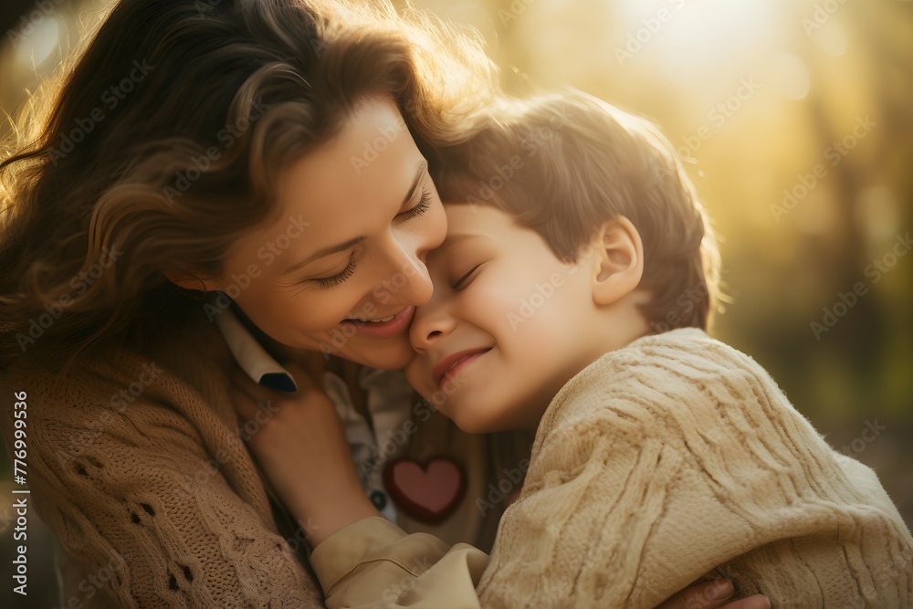 A loving moment as a mother and son share a gentle embrace, basked in warm light