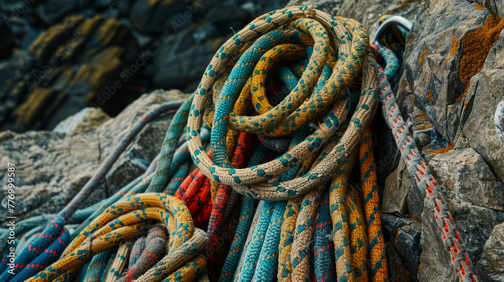 Vivid climbing ropes arranged in neat coils on a textured rocky surface, reflecting outdoor pursuits
