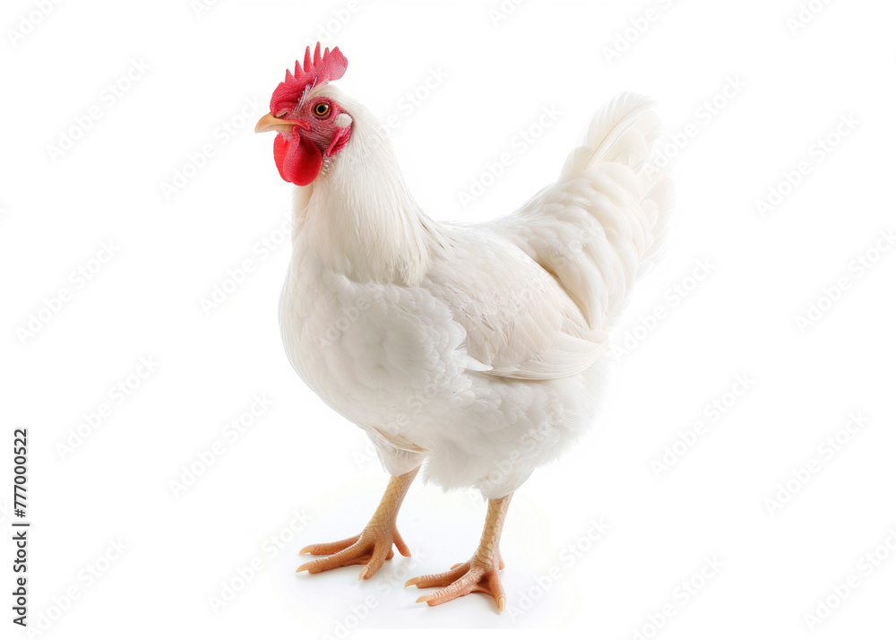 The hen has white feathers and a red comb standing proudly, isolated white background