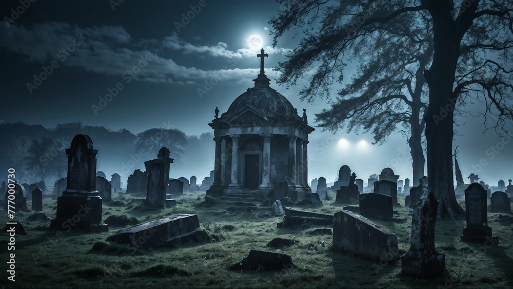 Graveyard, Eerie Scenes of Ghostly Apparitions and Haunting Atmosphere