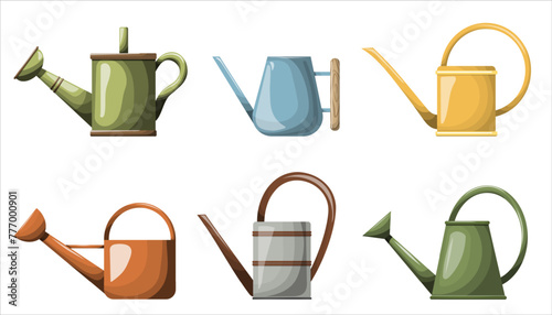 A set of watering cans for the garden and home. Tools for the agronomist and flower lover. Garden colorful watering cans. Vector flat illustration.