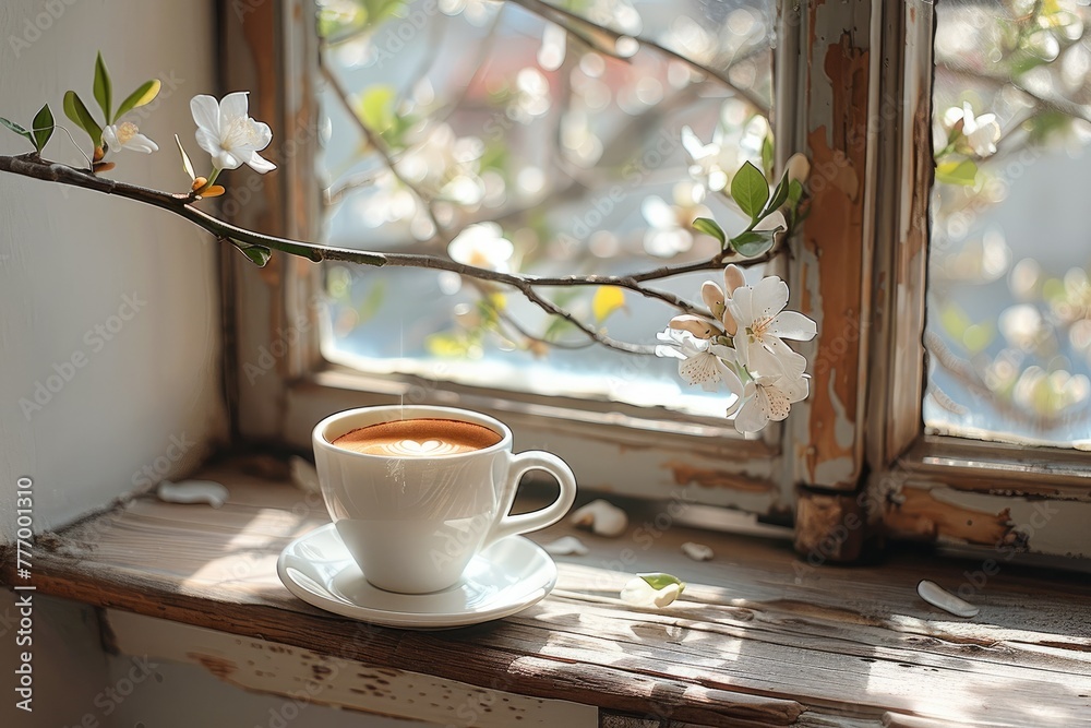 Fototapeta premium An espresso on a window bench of an open window in springtime. Generative AI.