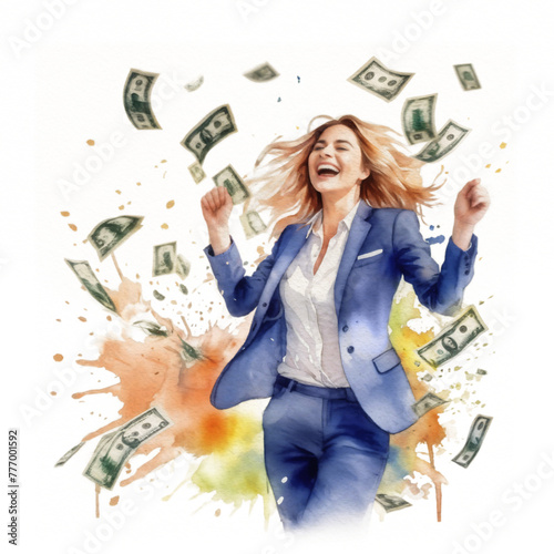 Happy and successful woman celebrating watercolor painting. Wealthy and empowered female smiling ink illustration.